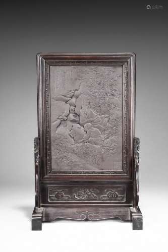 A Duanstone carved 'Figures and landscape' Table Screen