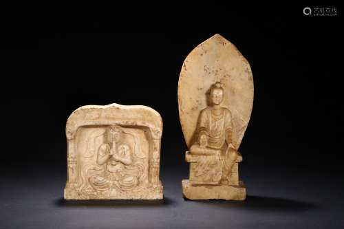 A group of two white marble bodhisattva steles