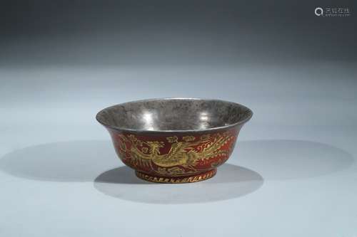 A red lacquered and gilt painted 'phoenix' silver bowl