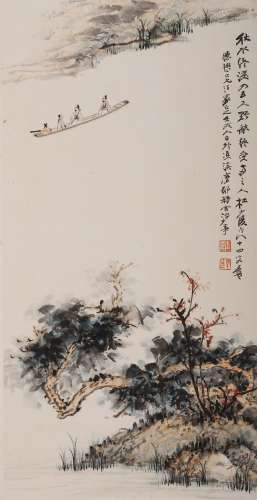 Zhang Daqian: color and ink on paper 'figures and landscape' painting