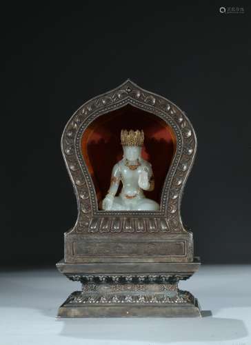 A rare silver and kesi inscribed shrine with white jade bodhisattva