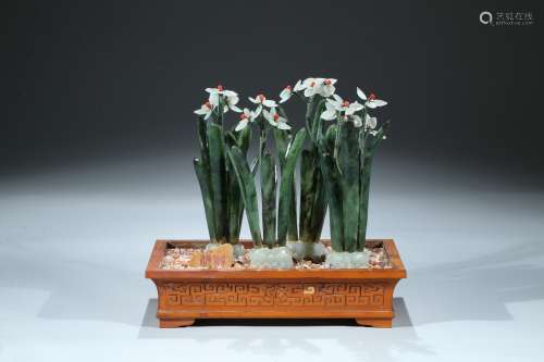 A bamboo veneer jardinière with green jade carved orchid