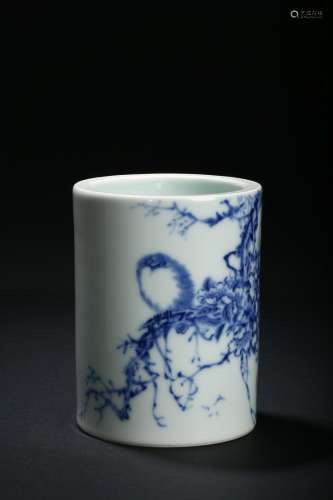 Wang Bu: blue and white 'flower and bird' brush pot