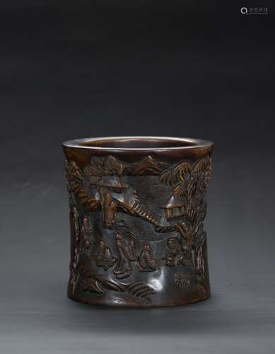 A Hongmu carved figures brush pot