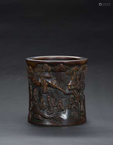 A Hongmu carved figures brush pot