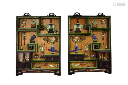 A pair of zitan framed and jades inlaid lacquer hanging panels