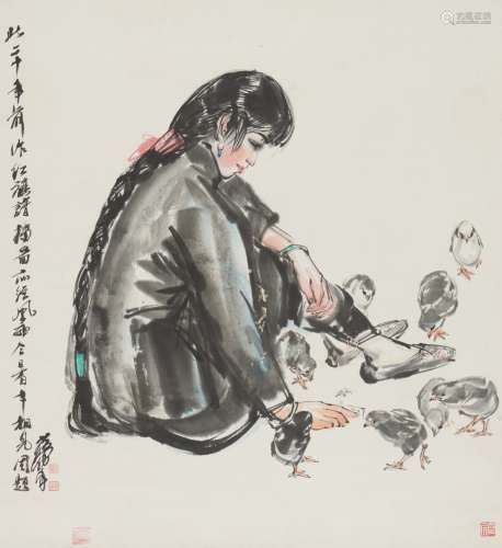 Huang Zhou: color and ink on paper 'lady' painting