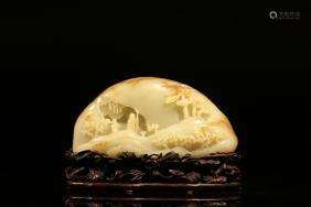 WHITE JADE CARVED MOUNTAIN WITH STAND