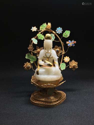 HETIAN JADE GOLD GILDING BODHISATTVA FIGURE