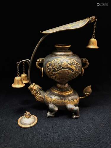 SILVER GOLD GILT SHRINE AND BELL LAMP