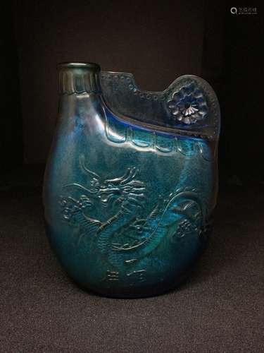 BLUE GLAZED DRAGON CARVED POT