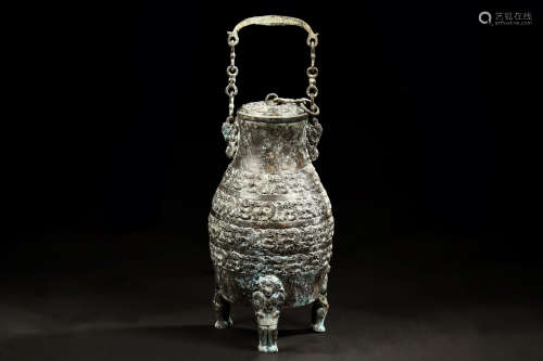 ARCHAIC BRONZE CAST TRIPOD RITUAL JAR WITH COVER AND HANDLE