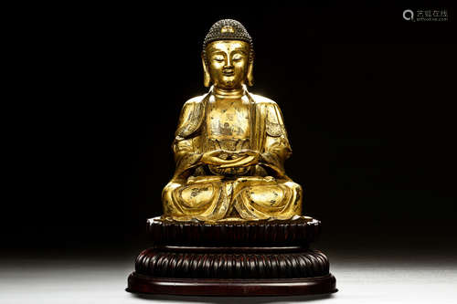 GILT BRONZE CAST SHAKYAMUNI BUDDHA SEATED FIGURE