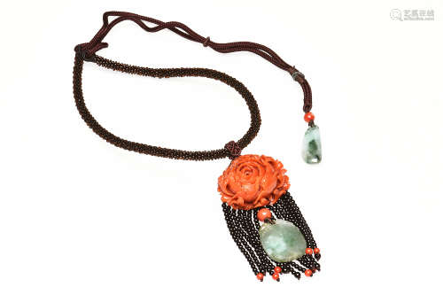 ORANGE RED CORAL PEONY AND JADEITE NECKLACE