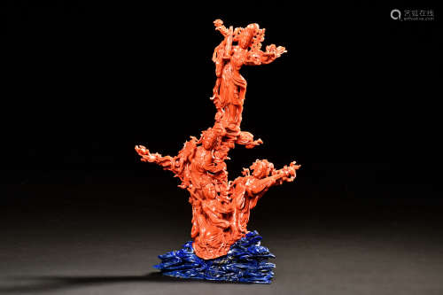 RED CORAL CARVED 'CELESTIAL MUSICIANS' FIGURE WITH LAPIS LAZULI STAND