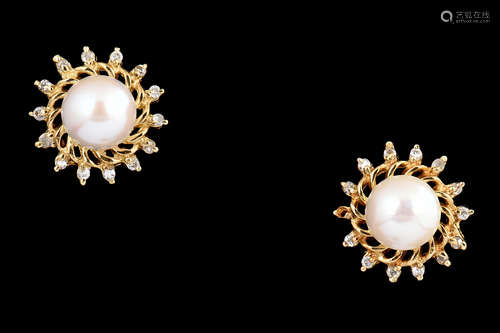 PAIR OF 14K YG PEARL EARRINGS WITH DIAMONDS