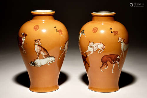 PAIR OF FAMILLE ROSE 'DOGS' VASES