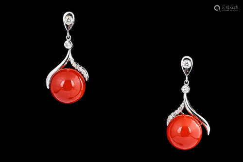 PAIR OF RED CORAL AND DIAMOND EARRINGS