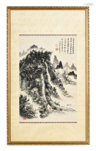 HUANG BINHONG: FRAMED INK ON PAPER PAINTING 'MOUNTAIN SCENERY'