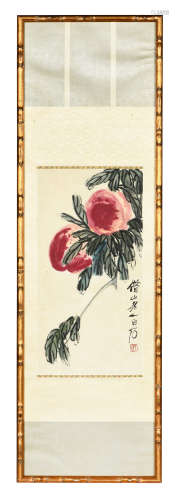 QI BAISHI: FRAMED INK AND COLOR ON PAPER PAINTING 'PEACHES'