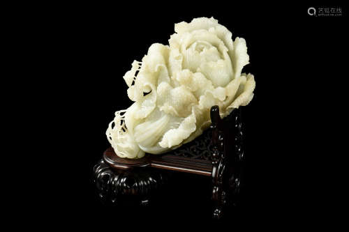 RARE HETIAN WHITE JADE CARVED CABBAGE WITH STAND