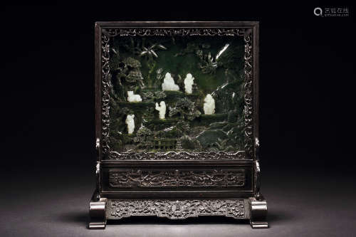 SPINACH JADE & WHITE JADE PLAQUE INSET ZITAN TABLE SCREEN