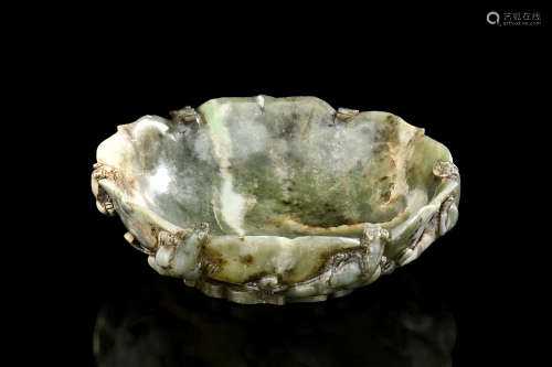 JADE LOTUS BLOSSOM BOWL WITH 6 CLIMBING DRAGONS ON SIDES