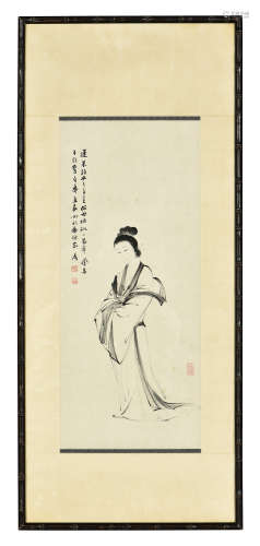 ZHANG DAQIAN: FRAMED INK ON PAPER PAINTING 'LADY'