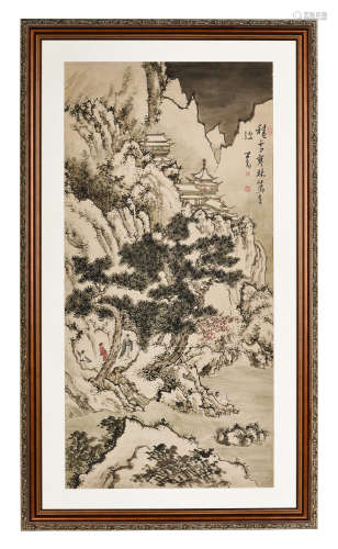 PU XINYU: FRAMED INK AND COLOR ON PAPER PAINTING 'MOUNTAIN SCENERY'