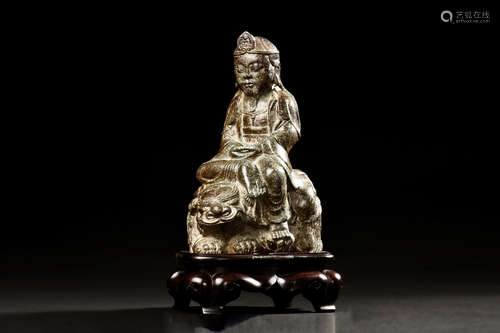 BLACK STONE CARVED MANJUSRI SEATED FIGURE