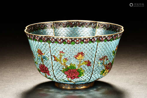 CLOISONNE ENAMELED AND GLASS LOBED 'FLOWERS' BOWL