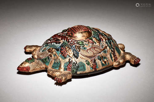 GILT AND PAINTED 'MYTHICAL TURTLE' INKSTONE