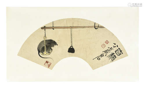 QI BAISHI: INK AND COLOR ON FAN LEAF PAINTING 'MOUSE'