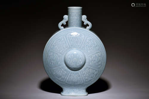 LIGHT BLUE GLAZED 'EIGHT TREASURES' FLASK VASE