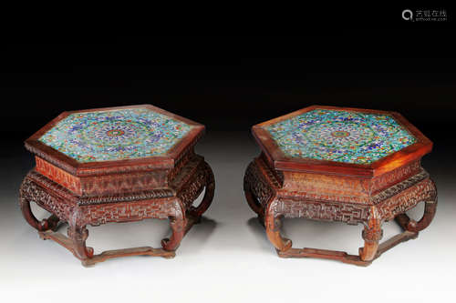 A PAIR OF LARGE CHINESE WOOD STANDS WITH CLOISONNE TOP