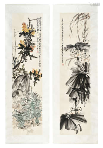 WU CHANGSHUO: PAIR OF INK AND COLOR ON PAPER PAINTINGS 'FLOWERS'