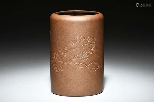 YIXING ZISHA 'FLOWERS AND CALLIGRAPHY' BRUSH POT