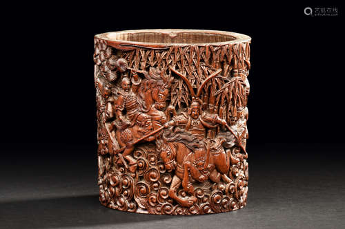 BAMBOO CARVED 'WARRIORS' BRUSH POT