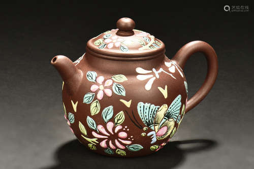 YIXING ZISHA PAINTED 'FLOWERS' TEAPOT