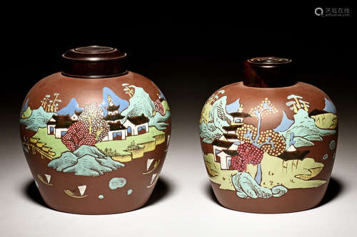 TWO YIXING ZISHA PAINTED JARS WITH COVER