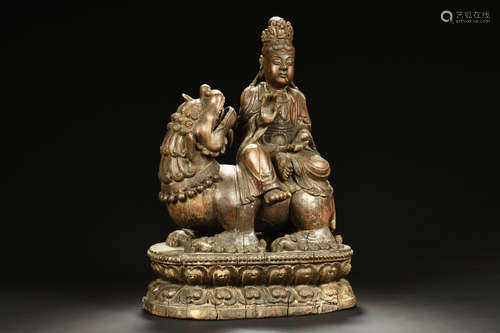 WOOD CARVED GUANYIN AND BEAST FIGURE