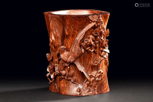 HUANGHUALI WOOD CARVED 'FLOWERS AND BIRDS' BRUSH POT