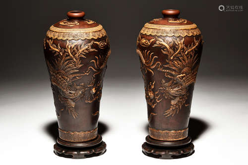 PAIR OF YIXING ZISHA 'DRAGON AND PHOENIX' VASES