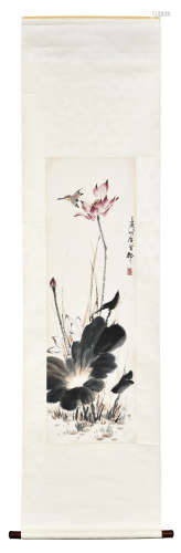 WANG XUETAO: INK AND COLOR ON PAPER PAINTING 'LOTUS FLOWERS'