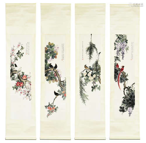 YAN BOLONG: SET OF FOUR INK AND COLOR ON PAPER PAINTINGS 'FLOWERS AND BIRDS'