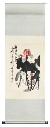 SHI LU: INK AND COLOR ON PAPER PAINTING 'LOTUS FLOWERS'