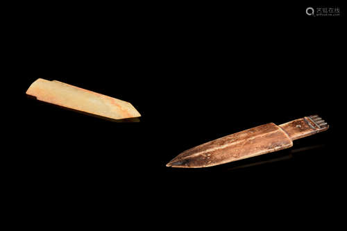 TWO JADE CARVED SPEAR TIP ORNAMENTS