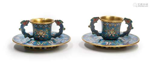 312. A PAIR OF CLOISONNE-ENAMEL CUPS AND SAUCERS QING