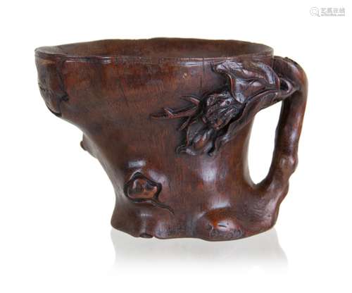 302. THICK BAMBOO CARVED LIBATION CUP (PEACH BRANCH)