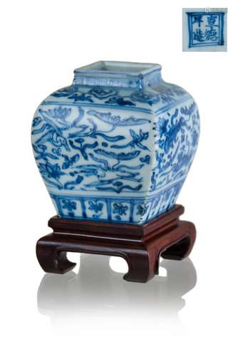 155. BLUE AND WHITE SQUARE JAR; XUANDE PERIOD